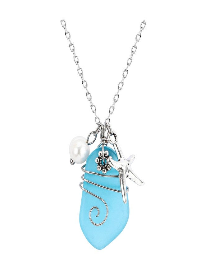 CARPDIM Sea glass necklace Beach Necklaces with Starfish Pendant Wire Wrapped Blue Sea Glass Jewelry Handmade Necklaces hawaiian ocean beach jewelry Necklaces for Women Girls - Image 1